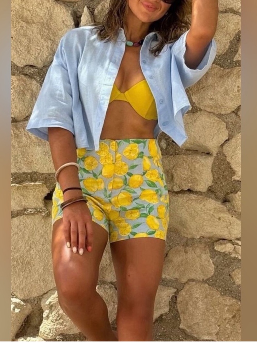 Zara Lemon Print High Waist Women’s Shorts - Yellow & Green on Light Blue